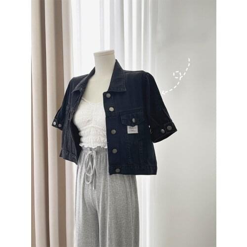 18557 Summer Jean Jacket Women Short Puff Sleeve Crop Tops Streetwear Tide Patchwork Button Pockets Distressed Black Denim Coat