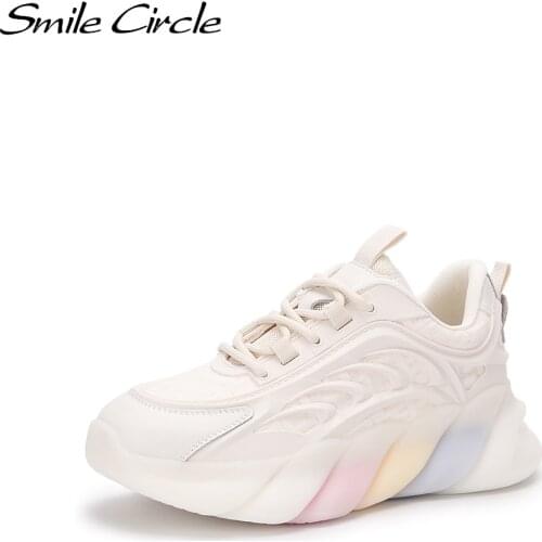 Smile Circle Women Sneakers Flat Platform Shoes Spring fashion Lace-up Breathable mesh Thick bottom Chunky Sneakers Ladies Shoes