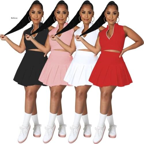 Women Set Solid Sleeveless Zip Strand Collar Crop Tops Pleated Mini Skirts Two 2 Piece Sets Tracksuit Summer Outfits
