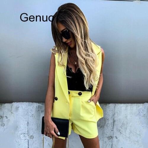 Women Two Piece Sets Sleeveless Blazer And Pokcets Shorts Vest Jacket Coat Elegant Office Ladies Double Button Short Pants Sets