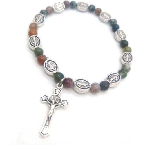 Vintage Handmade Colorful Natural Stone Beaded Bracelet Cross Pendant Rosary Bracelets Bangles Women Religious Jewelry