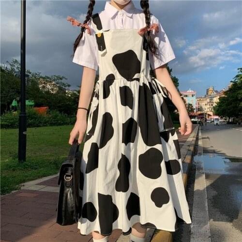Womens Kawaii Cow Print Dress Lolita Milk Cute Sundress Japanese Harajuku Style Cute Kawaii Lolita Dress Outfit Mori Girl