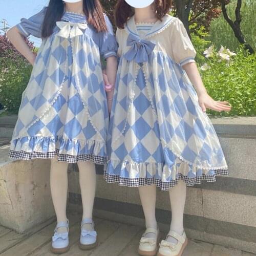 Sweet Blue Lolita Bowknot Ruffled Japanese Short Sleeve Dress Women Harajuku Sailor Collar Navy Dress