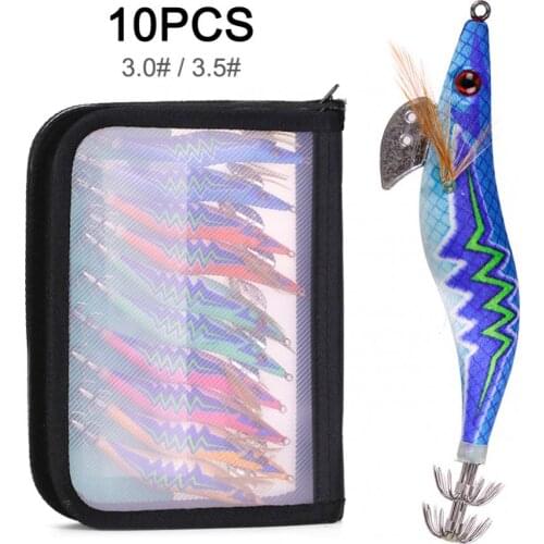 10pcs Squid Bait Hook 3.0# 3.5# 15g 20g Wooden Shrimp Jig Fishing Lures Hook Wood Artificial Luminous Jigging Lure with Bag