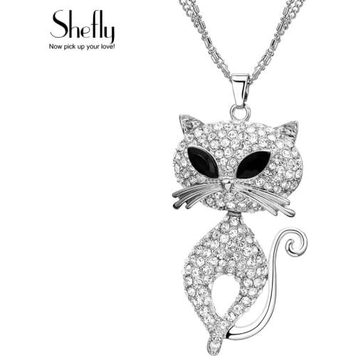 2020 Women Cat Necklace Black Eyes CZ Crystal Necklaces & Pendants Fashion Silver Color Long Multi Chain Animal Jewelry XL08114