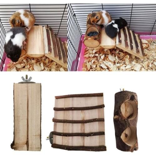 3Pcs Wooden Hamster Feeding Bowl Climbing Ladder Toys Basin Stand Bird Perch Small Pet Platform Rat Chewing Exercise Playing