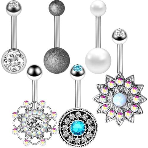 6Pcs/set Aobao Navel Ring Lot Sexy Bars Belly Button Rings Belly Piercing CZ Crystal Flower Rhinestone Navel Piercing Rings