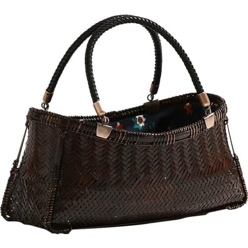 Chinese Style Handmade Retro Bamboo Bag Ladies Hand Boutique Tea Set Storage Artwork Womens Handbag