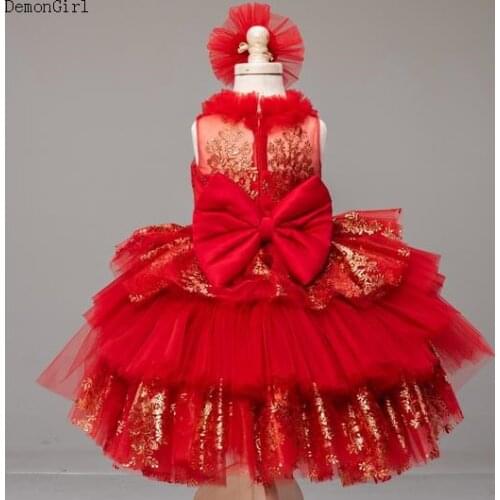 Red Knee Length Baby Girl Dress Tutu Prom Gown Children Birthday Pageant Dress Big Bow Formal Vestidos with Headbow