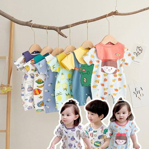 Baby Boys Girls Short-Sleeved Clothes Newborn Romper Infant Jumpsuit Summer Cotton Cartoon Rompers with Baby Bibs For 0-24M