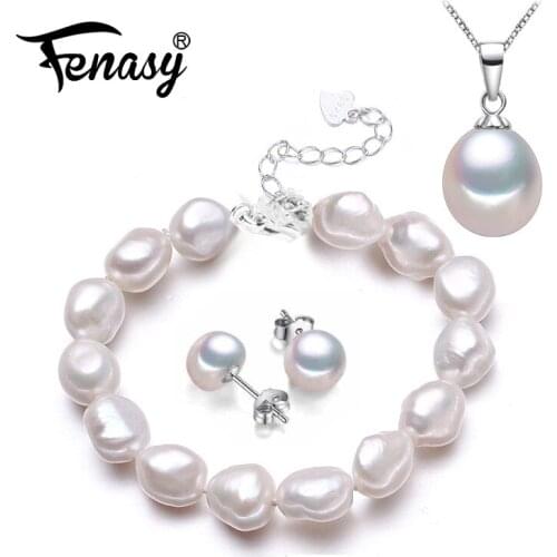 FENASY Natural Pearl Bracelet necklaces pendants Earrings Jewelry Sets for Women Pearl Necklace/Earring/Bracelet Wedding