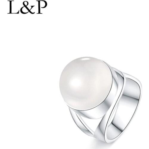 L&P Elegant White Chalcedony Ring For Lady Authentic 925 Sterling Silver Inlay Gemstone Adjustable Ring Fine Jewelry For Gift