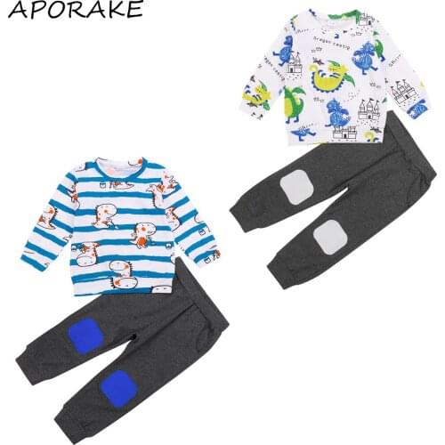 2021 0-5Y Casual Kids Baby Boy Clothing Cartoon Dinosaur Print Striped Long Sleeve Sweatshirt Top+Patch Pants Cool Fall 2pcs Set