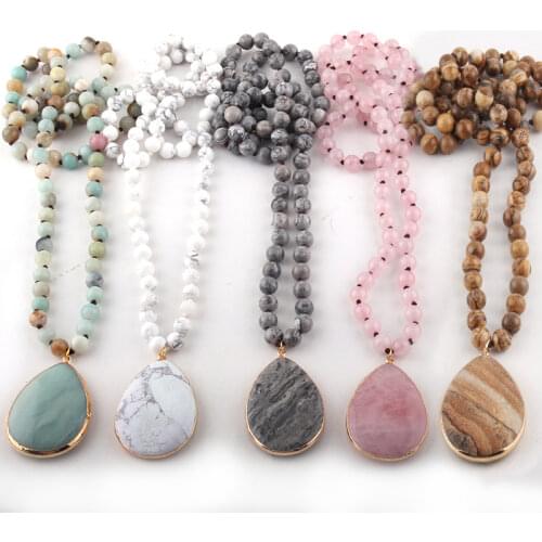 Fashion Bohemian Jewelry Natural Stone Knotted Stone Matching Drop Pendant Necklaces Women Beaded Necklace