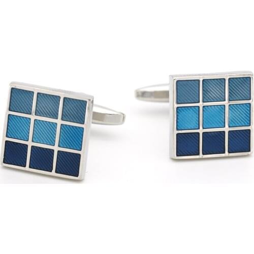 Mens Square Check Cuff Links Copper Material Gradual Blue Color