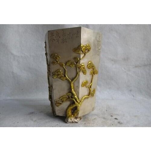 Song voge gem S0193 6" White Copper Silver Gilt design bamboo pine tree clubs brush pot pencil vase
