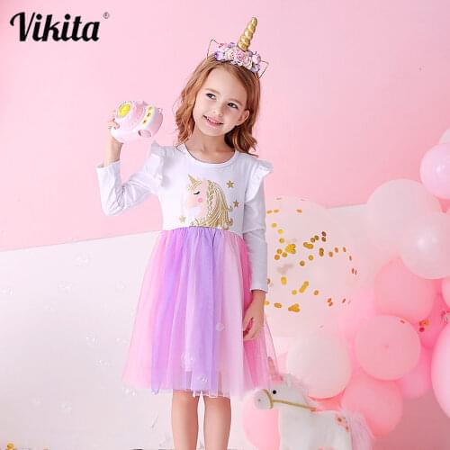 VIKITA Girls Unicorn Dress Children Wedding Party Princess Dress Kids Clothes Long Sleeves Dresses Children Tutu Vestidos