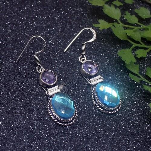 Amazing Antique MysticTopaz Amethystt Silver Color For Women Drop Dangle Earrings 1 3/4 inch HD544