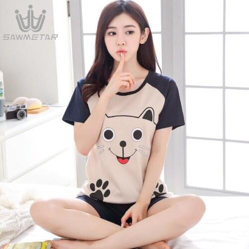 Women Cartoon Printed Pyjama Cute Round Neck Short Sleeve Sleepwear Summer 15 Styles Spring 2020 New Women Casual Homewear