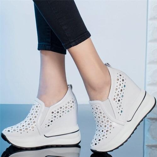 Summer Casual Shoes Women Hollow Cow Leather Wedges High Heel Ankle Boots Female Round Toe Fashion Sneakers Platform Pumps Shoe