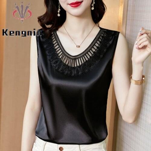 Loose Elegant Women Chiffon Stain Tops 2021 Summer Lace Patchwork O-Neck Ladies Pullovers Sleeveless Outer Wear Tees KE1030