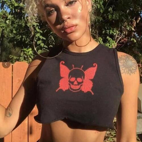 Y2K Women Causal Round Neck Vest Personality Skull Printing Exposed Navel Sleeveless Tops For Daily Wear Party Dating