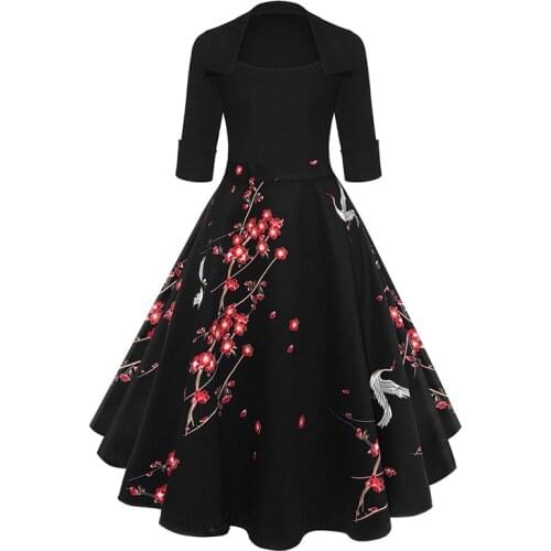 Floral Print Swing Vintage Dress 2019 Autumn Half Sleeve A Line Women Cotton Retro Rockabilly 50s 1960s Party Feminino Vestidos