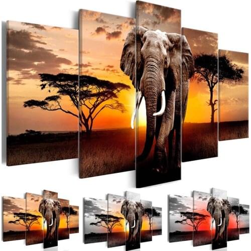 Abstract Canvas Art Painting 5 Pieces Walking Elephant In Sunset Africa Grassland Scenery Wall Art Decoration Picture Home Decor