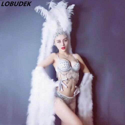 Bling Rhinestones Bikini White Feather Gloves Headgear Set Sexy Women Nightclub Bar Party Show Costume Models Catwalk Stage Wear