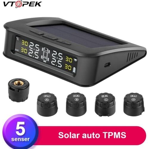 Vtopek Solar TPMS Sensor Tire pressure Tyre Car Slarm Tire Pressure Monitoring System USB charging IP67 waterpoof 5 sensor