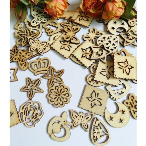 40pcs/lot Blank unfinished wooden crafts supplies laser cut rustic wood ornaments For Decor Accessories