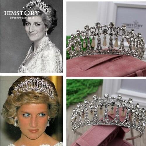 Himstory Classic Princess Diana Tiaras Crown Rhinestones Waterdrop Pearl Bridal Wedding Tiara Crowns Hair Accessories Jewelry