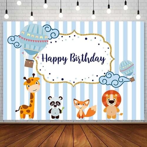 Happy Birthday Party Backdrop Safari Blue Hot Air Balloon Stripe Cloud Photography Background Photo Studio Photozone Decor Props