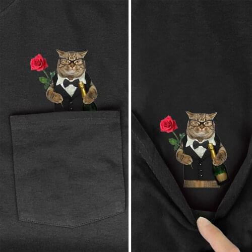 Funny gentleman cat drinking wine Printed In Pocket T Shirt Black Cotton Men Fashion Short sleeve Unisex Summer Cotton t shirt