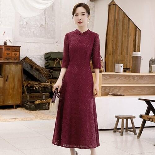 Chinese Cheongsam Dress Retro Improved Wine Red Lace Long Cheongsam Slim Banquet Wedding Elegant Cheongsam Dress Daily Mom qipao