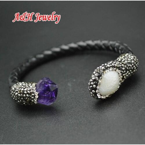 New Arrival 1pc Genuine Black Leather Open Women Bangles Natural Freshwater Pearl Cuff Bracelets Birthday Gift