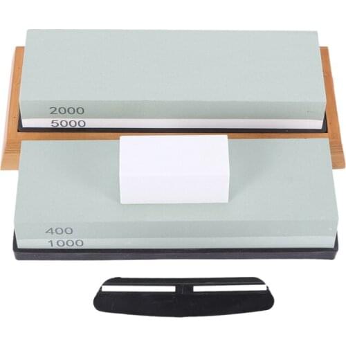 New Knife Sharpening Stone Set 400/1000 2000/5000 Waterstone with Non-Slip Bamboo Base Flattening Stone and Angle Guide