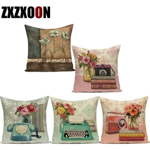 Polyester Vintage Style Sewing Machine Phonograph Retro Decorative Pillows Cover Cushion for Sofa Home Living Room Decor