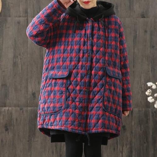 Plus Size Cotton Linen Jacket Women Tops Hooded Plaid Parkas 6XL Vintage Loose New Autumn Winter Coats Female Casual Warm Parkas