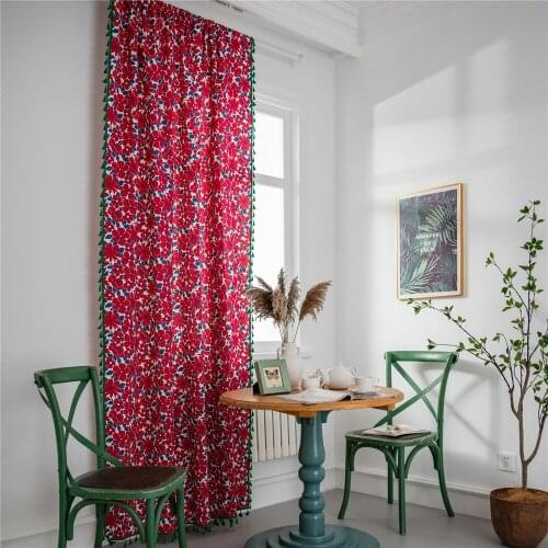 Cilected Christmas Tassel Cotton And Linen Curtains Red Flowers Half Blackout Curtains Kitchen Bay Window Decor Hanging Curtains