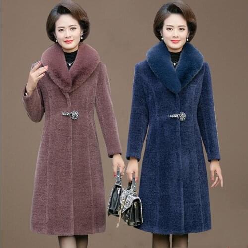 Middle-aged Womens Mink Velvet Coat 2020 New Winter Warm Sheep Shearing Overcoat Womens Fur Collar Wool Coats Plus Size Outwear