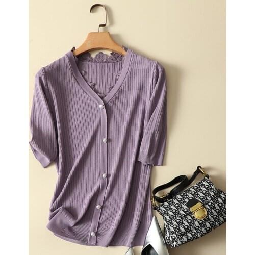 Solid Lace Patchwork Knitted Women T-Shirts Summer New 2021 V-Neck Short-Sleeved Elastic Lady Elegant Outwear Tops