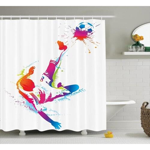 Sports Decor Shower Curtain Soccer Man Kicks The Ball in The Air Digital Watercolors Success Energy Feet Bathroom Accessories