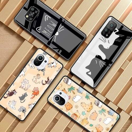 Luxury Glass Case For Xiaomi Redmi Note 10 9 8 Pro 9S 8T 7 9C Mi Poco X3 NFC 10T Lite 9T 11 F3 Phone Cover Happy Cat Day! Fundas