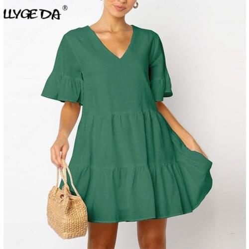Loose Ruffles V-Neck Summer Dress Woman Mini A-Line Dress Short Flare Sleeve Dresses For Women 2021 Fashion Casual Female Cloths