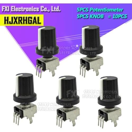 5 Sets RV09 Vertical 1K 10K 20K 50K 100K 500K Ohm Adjustable Resistor 9 Type 3pin Seal Potentiometer for Arduino with knob cap