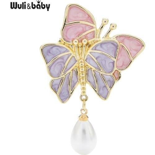 Wuli&baby Double Butterfly Brooches Women Pearl Water Drop Butterfly Insects Party Office Brocoh Pins Gifts