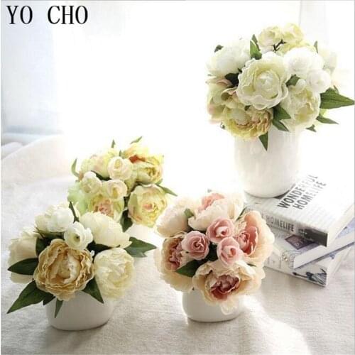 YO CHO Silk Wedding Decoration Artificial Peony Flowers Party Rose Fake 8 Heads Eustoma Fleurs Para Hogar Christmas Plants Home