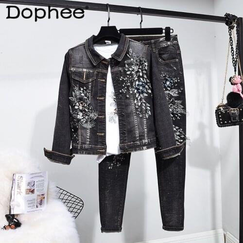 European Fashion Denim Jacket Womens 2021 Spring and Autumn New Bronzing Beaded Coat Skinny Straight Jeans Pant Two-Piece Set