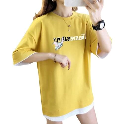 Women Casual Harajuku Fashion T-Shirt Fake 2 pieces Print Loose O-Neck Short Sleeve Stretched Summer Home New Coat FC307